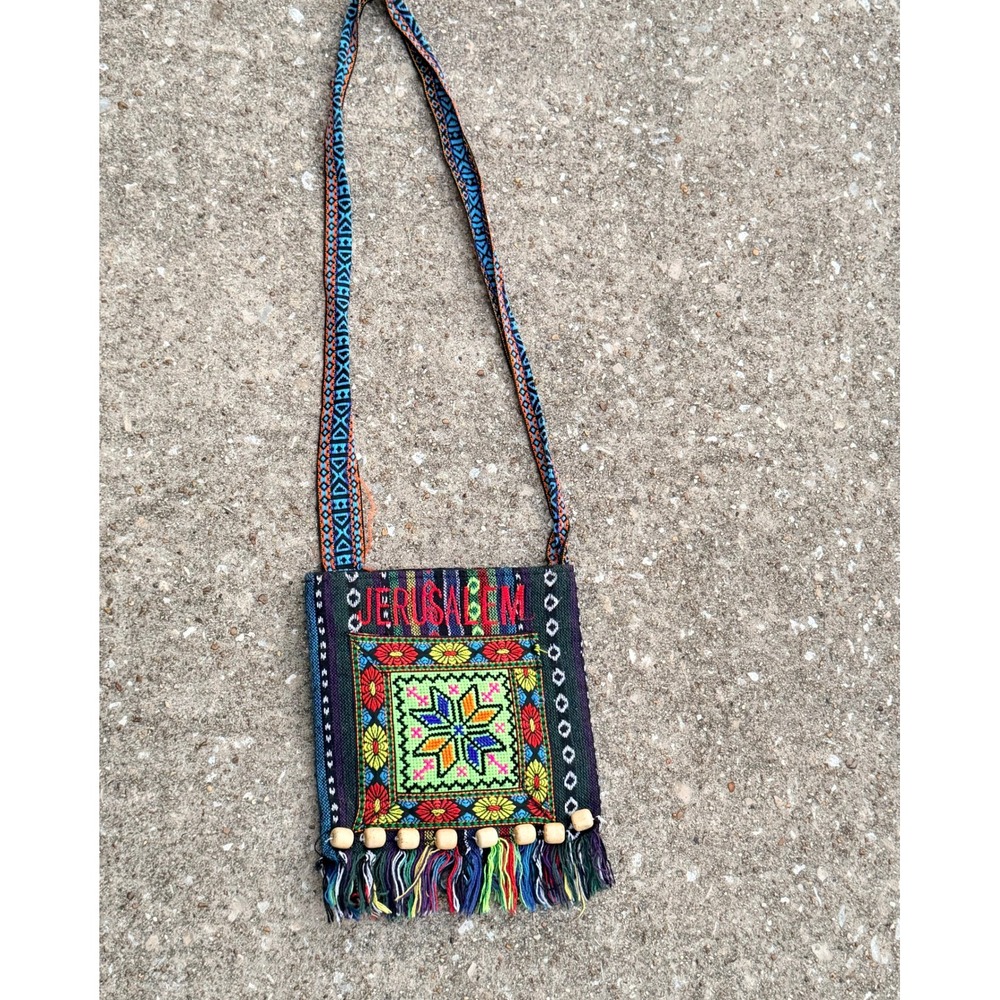 Jerusalem Woven Crossbody Bag Boho Tribal Geometric Fringe Wooden Beads Multi